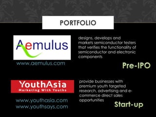 PORTFOLIO designs, develops and markets semiconductor testers that verifies the functionality of semiconductor and electronic components www.aemulus.com www.youthasia.com www.youthsays.com   provide businesses with premium youth targeted research, advertising and e-commerce direct sales opportunities 
