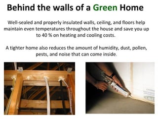 Behind the walls of a  Green  Home  Well-sealed and properly insulated walls, ceiling, and floors help maintain even temperatures throughout the house and save you up to 40 % on heating and cooling costs.  A tighter home also reduces the amount of humidity, dust, pollen, pests, and noise that can come inside . 