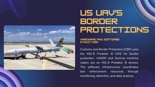 Customs and Border Protection (CBP) uses
the MQ-9 Predator B UAS for border
protection. VADER and SeaVue maritime
radars are on MQ-9 Predator B drones.
The software infrastructure coordinates
law enforcement resources through
monitoring, detection, and data analysis.
us uav’s
border
protections
Hardware and Software
Structure:
 