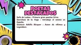 POETAS
DESTACADOS
POETAS
DESTACADOS
Safo de Lesbos : Primera gran poetisa lírica.
Garcilaso de la Vega : Introdujo el soneto en
Españ a.
Gustavo Adolfo Bé cquer : Autor de «Rimas y
Leyendas».
 