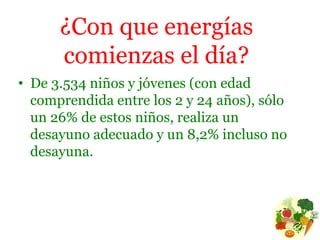 ¿Con que energías comienzas el día?De 3.534 niños y jóvenes (con edad comprendida entre los 2 y 24 años), sólo un 26% de estos niños, realiza un desayuno adecuado y un 8,2% incluso no desayuna.