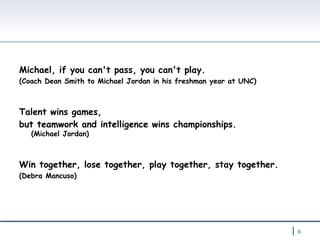 Michael, if you can't pass, you can't play.  (Coach Dean Smith to Michael Jordan in his freshman year at UNC)  Talent wins games,  but teamwork and intelligence wins championships.  (Michael Jordan)  Win together, lose together, play together, stay together.  (Debra Mancuso)  
