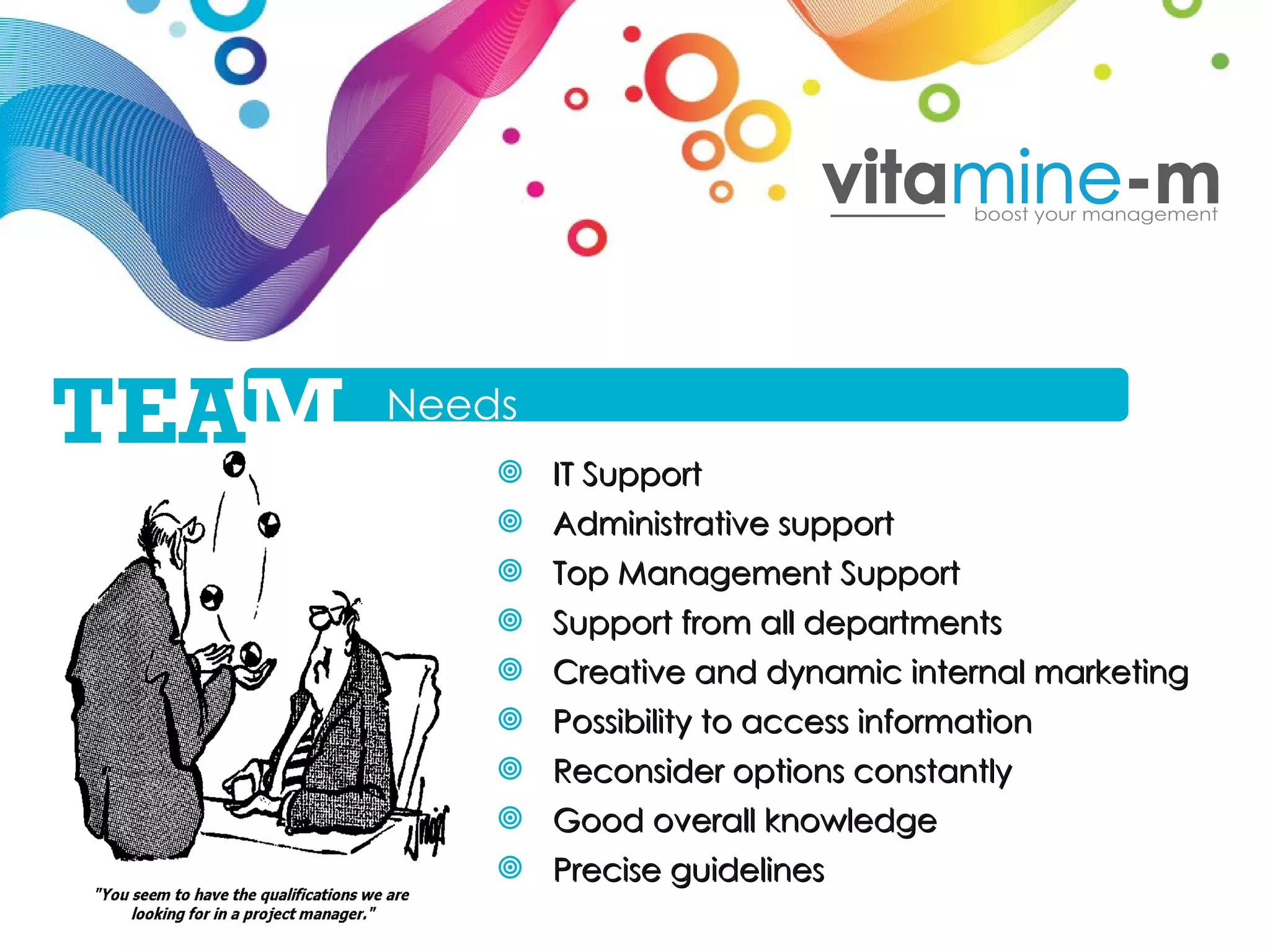 IT Support Administrative support Top Management Support Support from all departments Creative and dynamic internal marketing Possibility to access information Reconsider options constantly Good overall knowledge Precise guidelines  Needs TEA M 