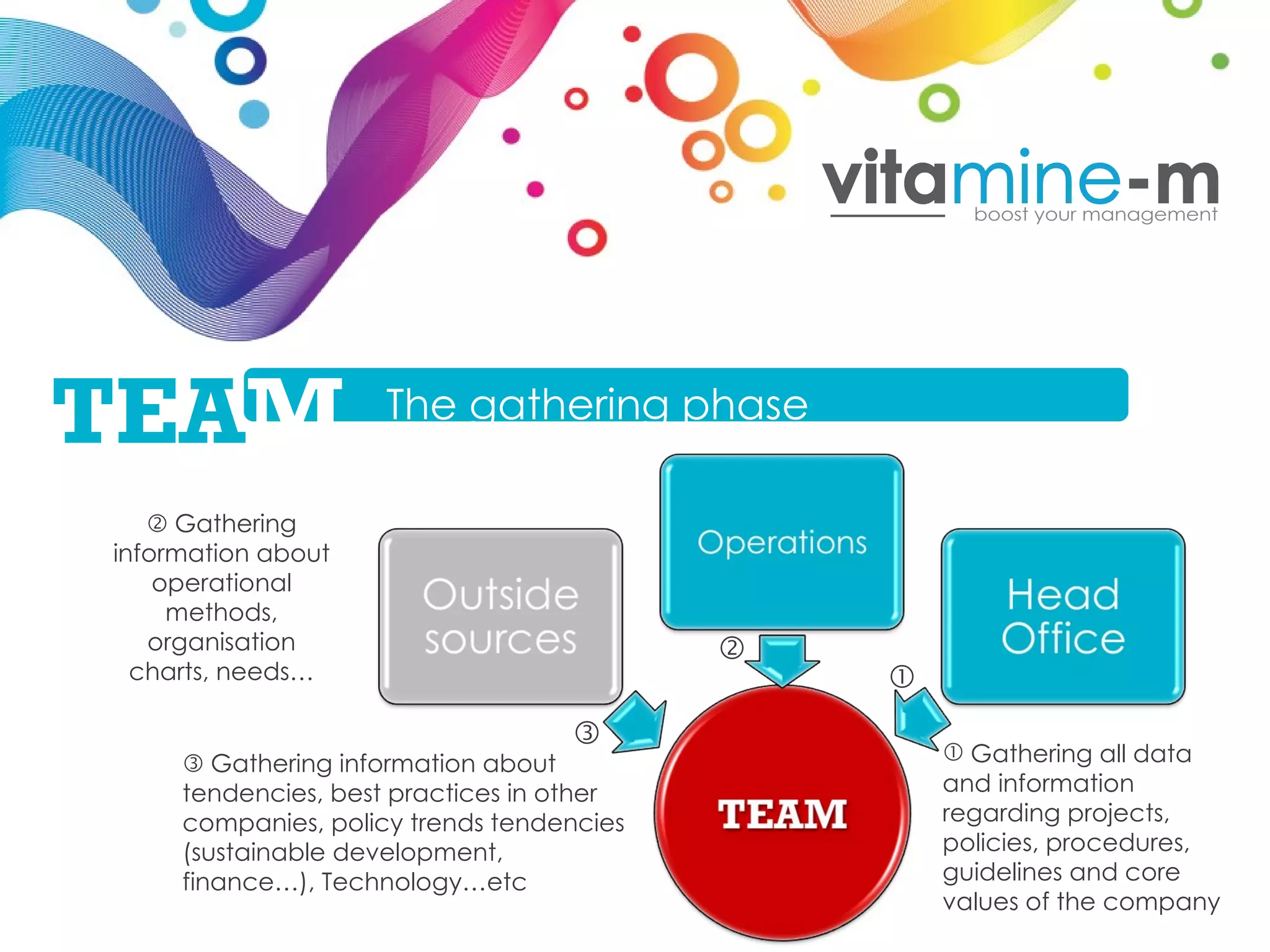 Gathering all data and information regarding projects, policies, procedures, guidelines and core values of the company    Gathering information about operational methods, organisation charts, needs…    Gathering information about tendencies, best practices in other companies, policy trends tendencies (sustainable development, finance…), Technology…etc      The gathering phase  TEA M 