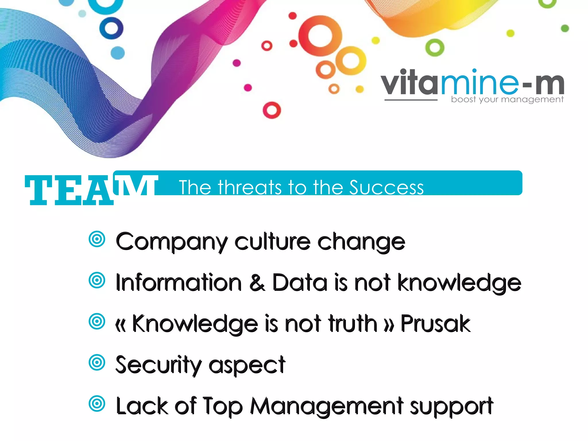 Company culture change  Information & Data is not knowledge  « Knowledge is not truth » Prusak Security aspect Lack of Top Management support The threats to the Success TEA M 