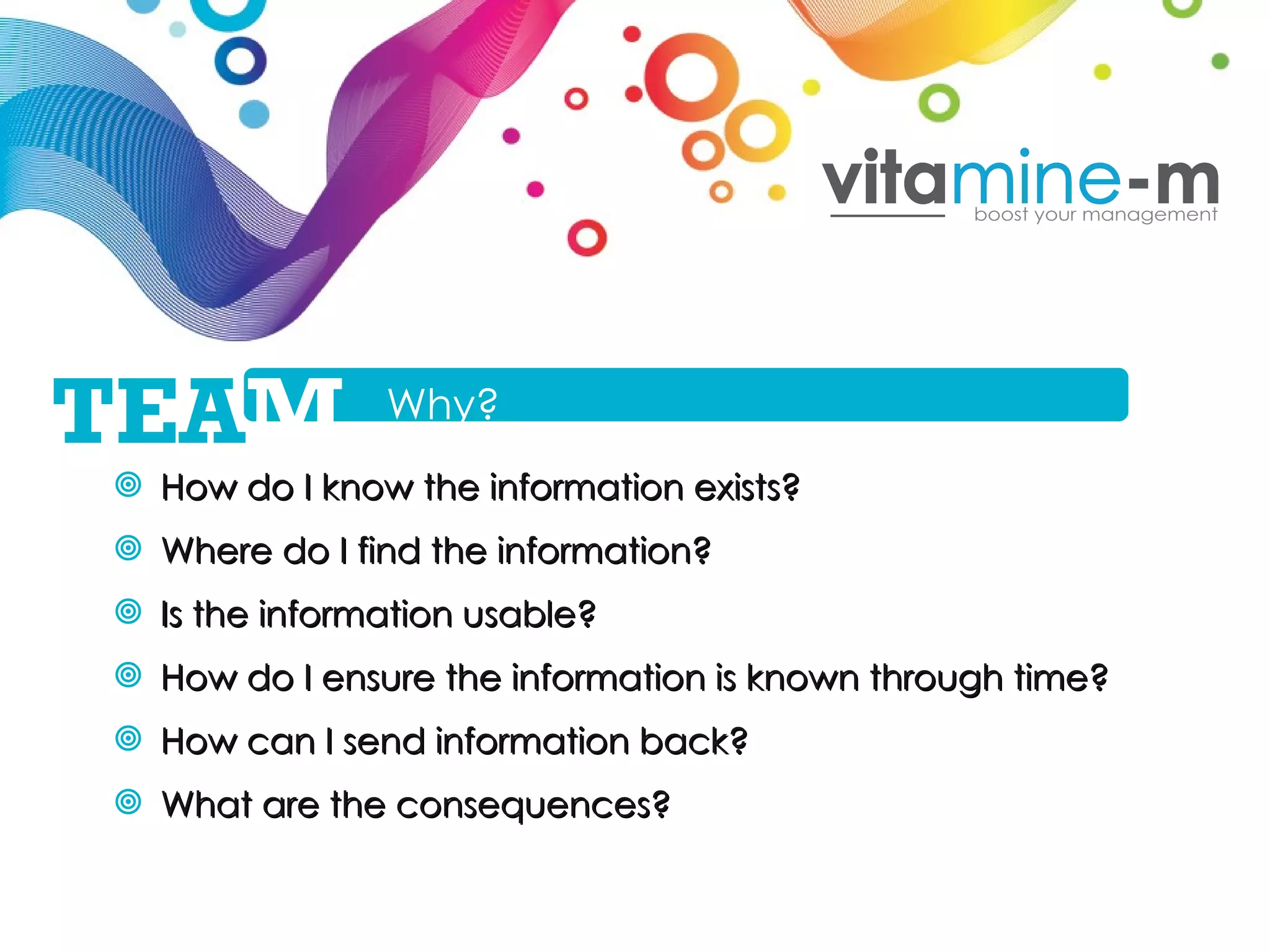 How do I know the information exists? Where do I find the information? Is the information usable? How do I ensure the information is known through time? How can I send information back? What are the consequences? Why? TEA M 