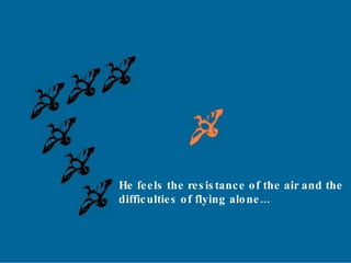 He feels the resistance of the air and the  difficulties of flying alone... 