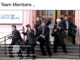 Team of leaders (not followers)
•  Autonomous
•  Collaborative
•  Responsible for group’s success
•  Helping the team succeed
Team Members ..
 