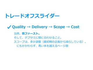 トレードオフスライダー
Quality → Delivery → Scope → Cost
当然、質ファースト。
そして、デブサミに間に合わせること。
スコープは、多少調整（最初期の企画から減らしている）。
 にもかかわらず、⻘い本を越えるページ数
 