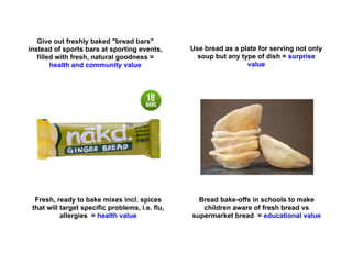 Give out freshly baked "bread bars"
instead of sports bars at sporting events,       Use bread as a plate for serving not only
   filled with fresh, natural goodness =           soup but any type of dish = surprise
        health and community value                                value




  Fresh, ready to bake mixes incl. spices          Bread bake-offs in schools to make
 that will target specific problems, i.e. flu,      children aware of fresh bread vs
           allergies = health value              supermarket bread = educational value
 