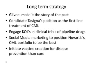 Long term strategy
• Glivec- make it the story of the past
• Conslidate Tasigna’s position as the first line
  treatment of CML
• Engage KOL’s in clinical trials of pipeline drugs
• Social Media marketing to position Novartis’s
  CML portfolio to be the best
• Initiate vaccine creation for disease
  prevention than cure
c
 