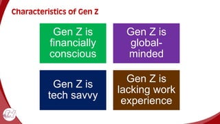 Characteristics of Gen Z
Gen Z is
financially
conscious
Gen Z is
global-
minded
Gen Z is
tech savvy
Gen Z is
lacking work
experience
 