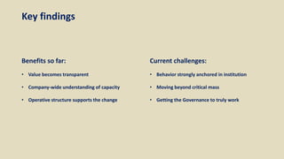 Key findings
Benefits so far:
• Value becomes transparent
• Company-wide understanding of capacity
• Operative structure supports the change
Current challenges:
• Behavior strongly anchored in institution
• Moving beyond critical mass
• Getting the Governance to truly work
 