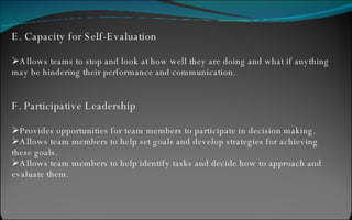 E. Capacity for Self-Evaluation Allows teams to stop and look at how well they are doing and what if anything may be hindering their performance and communication. F. Participative Leadership Provides opportunities for team members to participate in decision making. Allows team members to help set goals and develop strategies for achieving these goals. Allows team members to help identify tasks and decide how to approach and evaluate them.  