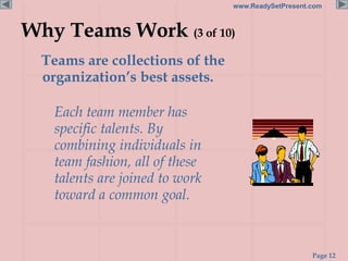 Page 12
www.ReadySetPresent.com
Why Teams Work (3 of 10)
Teams are collections of the
organization’s best assets.
Each team member has
specific talents. By
combining individuals in
team fashion, all of these
talents are joined to work
toward a common goal.
 