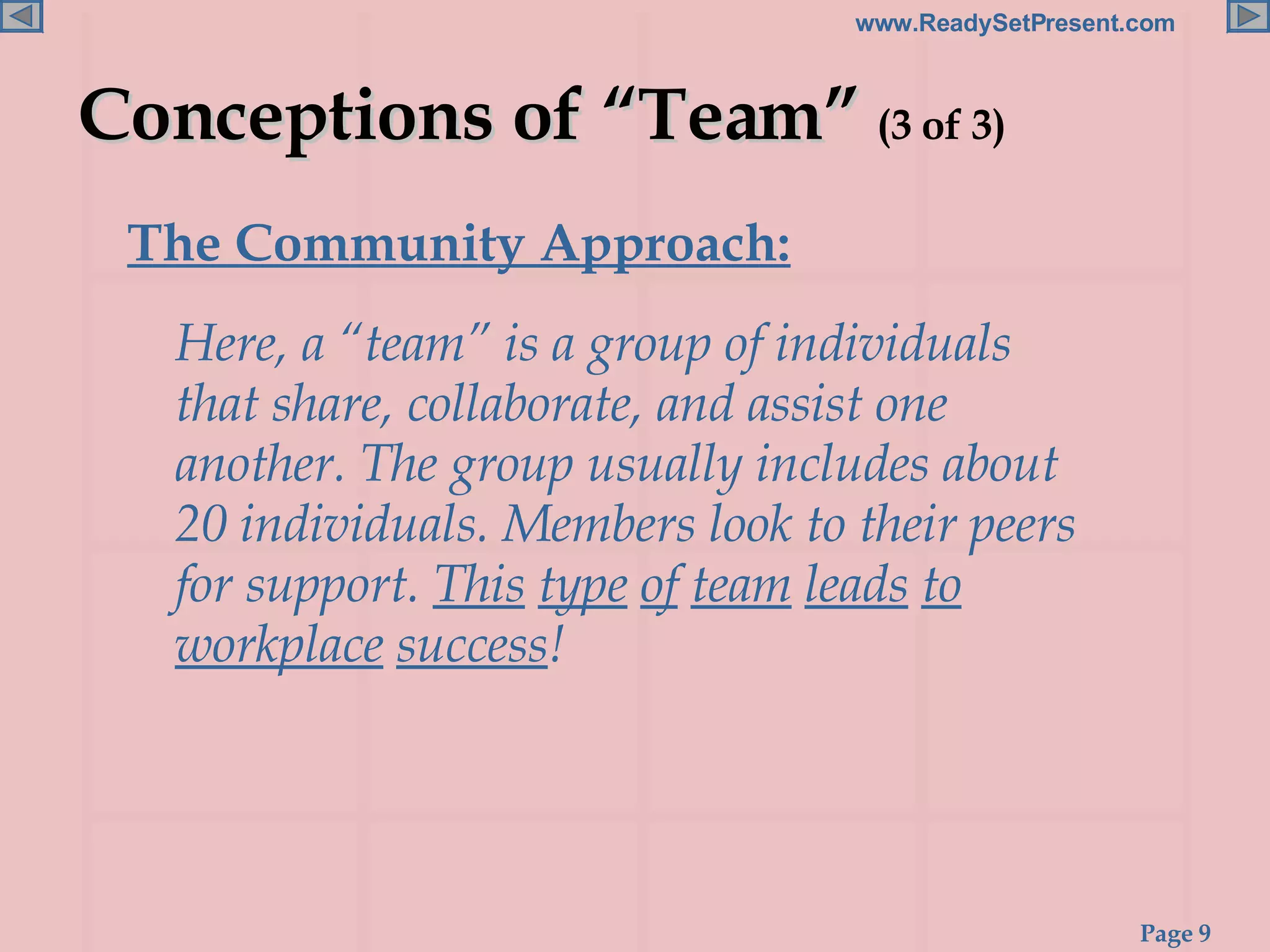 Conceptions of “Team”  (3 of 3) The Community Approach:   Here, a “team” is a group of individuals that share, collaborate, and assist one another. The group usually includes about 20 individuals. Members look to their peers for support.  This   type   of   team   leads   to workplace   success ! 