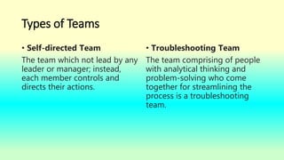 Types of Teams
• Self-directed Team
The team which not lead by any
leader or manager; instead,
each member controls and
directs their actions.
• Troubleshooting Team
The team comprising of people
with analytical thinking and
problem-solving who come
together for streamlining the
process is a troubleshooting
team.
 