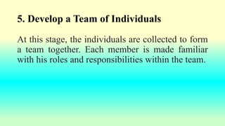 5. Develop a Team of Individuals
At this stage, the individuals are collected to form
a team together. Each member is made familiar
with his roles and responsibilities within the team.
 