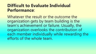 Difficult to Evaluate Individual
Performance:
Whatever the result or the outcome the
organization gets by team building is the
team’s achievement or failure. Usually, the
organization overlooks the contribution of
each member individually while rewarding the
efforts of the whole team.
 