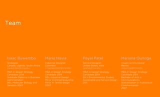 Team
Isaac Buwembo Maria Navia Mariana QuirogaPayal Patel
Strategist
Canada, Uganda, South Africa
ibuwembo@cca.edu mnaviapelaez@cca.edu ppatel@cca.edu mquiroga@cca.edu
Industrial Designer
Colombia
Service Designer
United States, India
Visual Communicator
Mexico
MBA in Design Strategy
Candidate 2014
Graduate Diploma in Business
Administration
BSc. Molecular Biology and
Genetics 2007
MBA in Design Strategy
Candidate 2014
BSc. Industrial Design
Minor in Entrepreneurship
Minor in Textile design
2007
MBA in Design Strategy
Candidate 2014
BS in Enviornmental Studies:
Sustainable and Service Design
2011
MBA in Design Strategy
Candidate 2014
Bachelor of Arts in
Communications.
Specialization in Audiovisual
Communication
2007
 