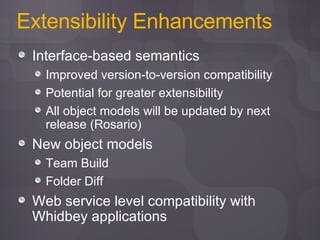 Extensibility Enhancements Interface-based semantics Improved version-to-version compatibility Potential for greater extensibility All object models will be updated by next release (Rosario) New object models Team Build Folder Diff Web service level compatibility with Whidbey applications 