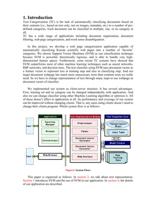 1. Introduction
Text Categorization (TC) is the task of automatically classifying documents based on
their contents (i.e., based on text only, not on images, metadata, etc.) to a number of pre-
defined categories. Each document can be classified in multiple, one, or no category at
all.
TC has a wide range of applications including document organization, document
filtering, web page categorization, and word sense disambiguation.

    In this project, we develop a web page categorization application capable of
automatically classifying Korean scientific web pages into a number of ‘favorite’
categories. We choose Support Vector Machines (SVM) as our classification technique
because SVM is powerful, theoretically rigorous, and is able to handle very high-
dimensional feature spaces. Furthermore, some recent TC systems have showed that
SVM outperforms most of other machine learning techniques such as neural networks,
RBF networks, and decision trees. The text classifier using SVM uses document vector as
a feature vector to represent text in training step and also in classifying step. And our
target document webpage has much more unnecessary texts than contents texts we really
need. So we have to change representation of text through many steps to use webpage as
document vector of classifier.

    We implemented our system as client-server structure. It has several advantages.
First, training set and its category can be changed independently with application. And
also we can change classifier using other Machine Learning algorithm or optimize it. All
of these doesn’t affect to application at all. So performance and coverage of our system
can be improved without changing clients. That is, any users using clients doesn’t need to
change their clients program. Whole system flow is as follows:




                                   Figure1: System Flows

    This paper is organized as follows. In section 2, we talk about text representation.
Section 3 introduces SVM and the use of SVM in our application. In section 4, the details
of our application are described.
 