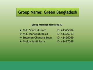 Group Name: Green Bangladesh 
Group member name and ID 
 Md. Shariful Islam ID: 41325004 
 Md. Mahabub Rasid ID: 41325013 
 Sowmen Chandra Bosu ID: 41426069 
 Moloy Kanti Raha ID: 41427088 
 