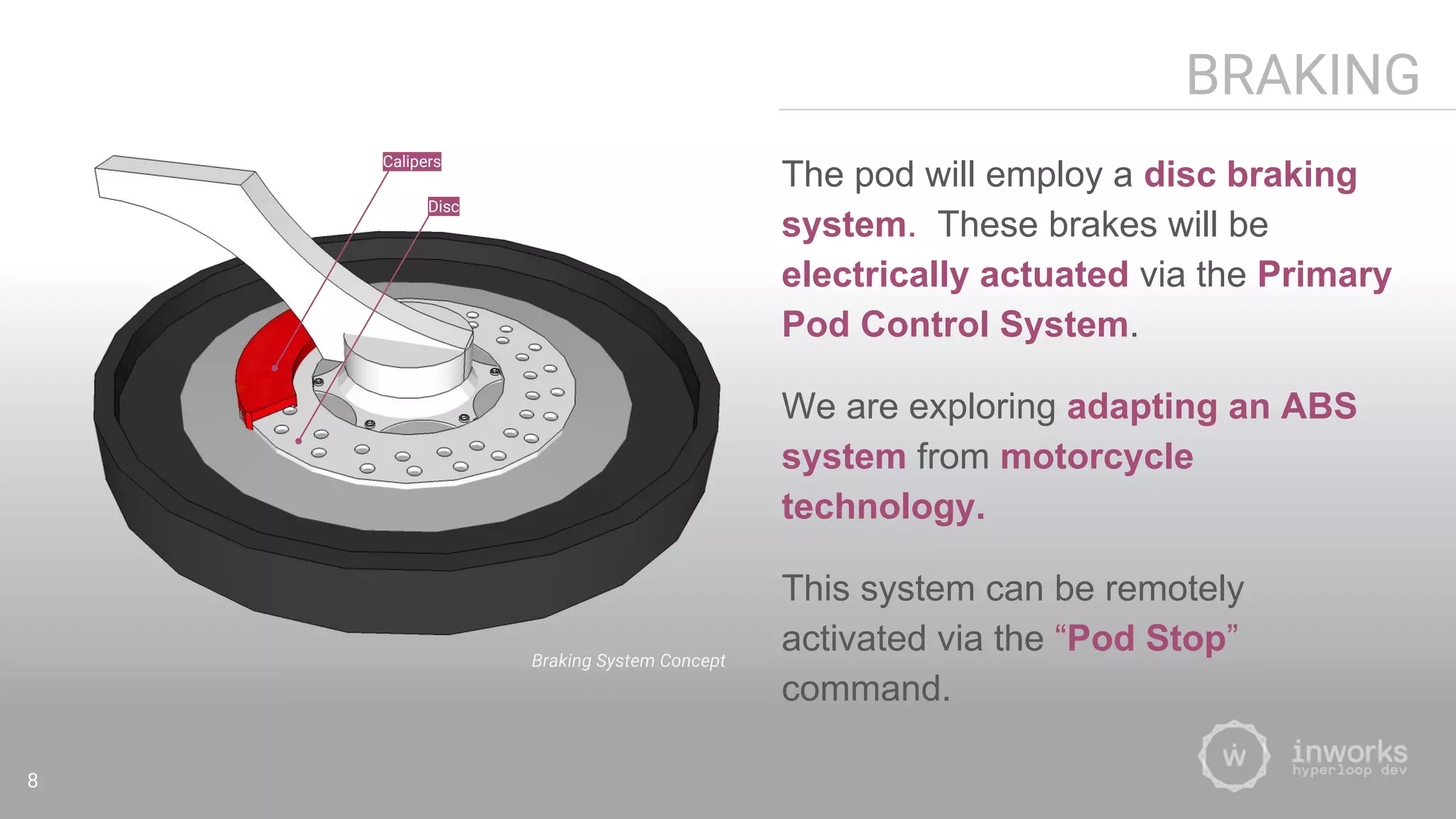 BRAKING
The pod will employ a disc braking
system. These brakes will be
electrically actuated via the Primary
Pod Control System.
We are exploring adapting an ABS
system from motorcycle
technology.
This system can be remotely
activated via the “Pod Stop”
command.
Braking System Concept
8
Calipers
Disc
 
