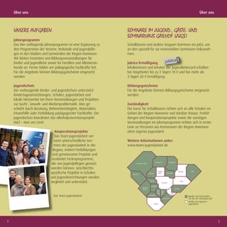 Über uns                                                                                                           Über uns



    UNSERE AUFGABEN                                              SEMINARE IM JUGEND-, GÄSTE- UND
                                                                 SEMINARHAUS GAILHOF (JUGS)
    Jahresprogramm
    Das hier vorliegende Jahresprogramm ist eine Ergänzung zu    Schulklassen und andere Gruppen kommen ins JuGS, um
    den Programmen der Vereine, Verbände und Jugendpﬂe-          an den speziell für sie entwickelten Seminaren teilzuneh-
    gen in den Städten und Gemeinden der Region Hannover.        men.
    Wir bieten Freizeiten und Bildungsveranstaltungen für
    Kinder und Jugendliche sowie für Familien und Alleinerzie-   Juleica-Ermäßigung
    hende an. Ferner bilden wir pädagogische Fachkräfte fort.    Inhaberinnen und Inhaber der Jugendleitercard erhalten
    Für die Angebote können Bildungsgutscheine eingesetzt        bei Angeboten bis zu 3 Tagen 10 € und bei mehr als
    werden.                                                      3 Tagen 20 € Ermäßigung.

    Jugendschutz                                                 Bildungsgutscheine
    Der vorbeugende Kinder- und Jugendschutz unterstützt         Für die Angebote können Bildungsgutscheine eingesetzt
    Kindertageseinrichtungen, Schulen, Jugendarbeit und          werden.
    lokale Netzwerke bei ihren Veranstaltungen und Projekten
    zur Sucht-, Gewalt- und Medienproblematik. Dies ge-          Zuständigkeit
    schieht durch Beratung, Referententätigkeit, Materialien,    Die Kurse für Schulklassen richten sich an alle Schulen im
    Finanzhilfe oder Fortbildung pädagogischer Fachkräfte. Der   Gebiet der Region Hannover und darüber hinaus. Fortbil-
    Jugendschutz koordiniert das Alkoholpräventionsprojekt       dungen und Kooperationsprojekte sowie die sonstigen
    HaLT – Hart am Limit.                                        Veranstaltungen im Jahresprogramm richten sich in erster
                                                                 Linie an Personen aus Kommunen der Region Hannover
                                Kooperationsprojekte             ohne eigenes Jugendamt.
                                Das Team Jugendarbeit ver-
                                netzt unterschiedliche Gre-      Weitere Informationen unter:
                               mien der Jugendarbeit in der      www.team-jugendarbeit.de
                               Region, initiiert Fortbildungen
                              und gemeinsame Projekte und
                              erarbeitet Ferienprogramme,
                              die von Jugendpﬂegen genutzt
                             werden können. Geschlechts-
                             speziﬁsche Projekte in Schulen
                             und Jugendeinrichtungen werden
                             begleitet und unterstützt.


                               Das Team Jugendarbeit                                                       Städte und Gemeinden
                                                                                                           für die wir zuständig sind
                                                                                                           Städte mit eigenem
                                                                                                           Jugendamt




2                                                                                                                                       3
 