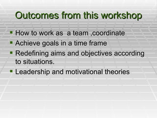 Outcomes from this workshop How to work as  a team ,coordinate Achieve goals in a time frame Redefining aims and objectives according to situations. Leadership and motivational theories 