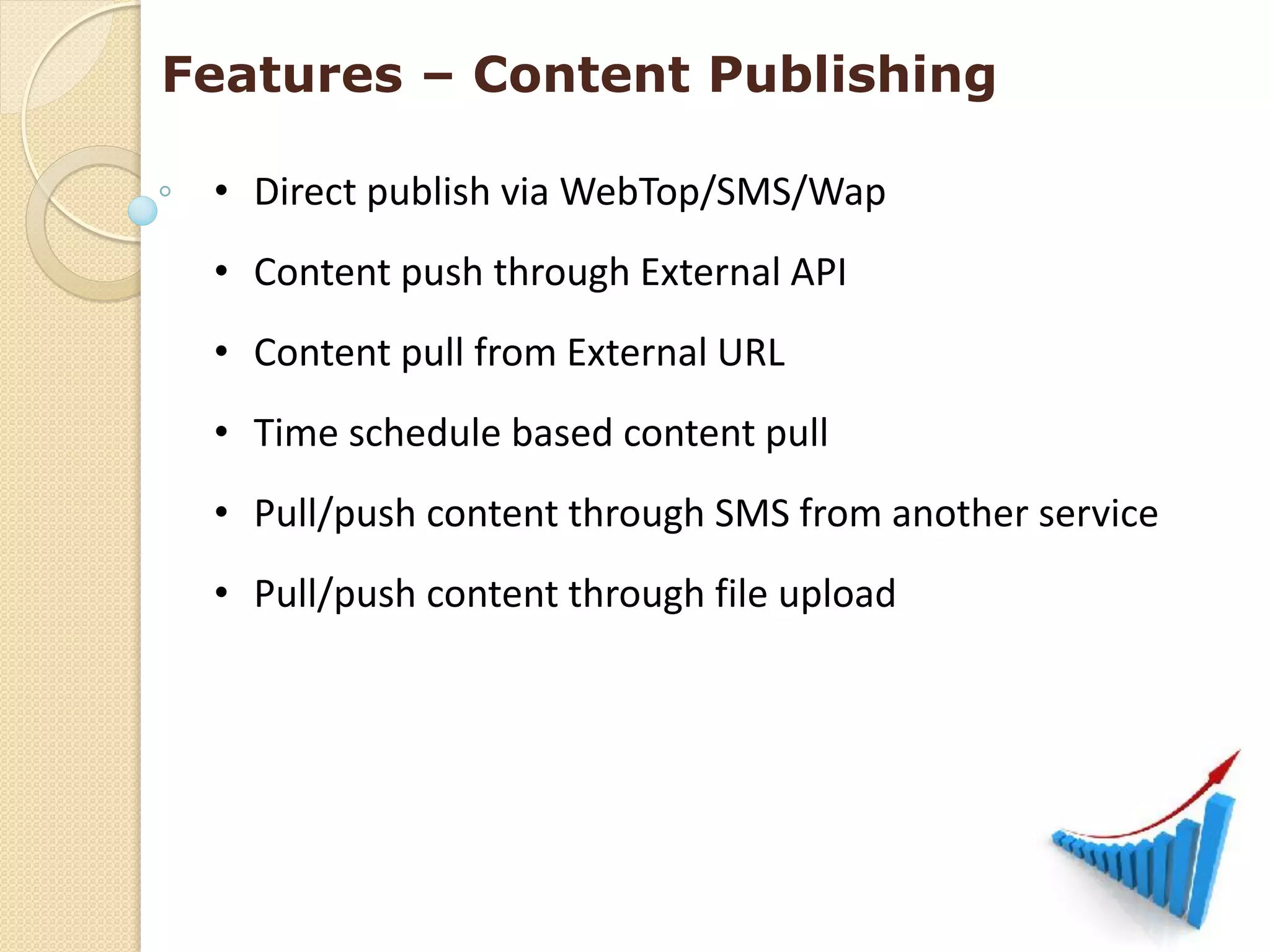 Features – Content Publishing

 • Direct publish via WebTop/SMS/Wap
 • Content push through External API
 • Content pull from External URL
 • Time schedule based content pull
 • Pull/push content through SMS from another service
 • Pull/push content through file upload
 