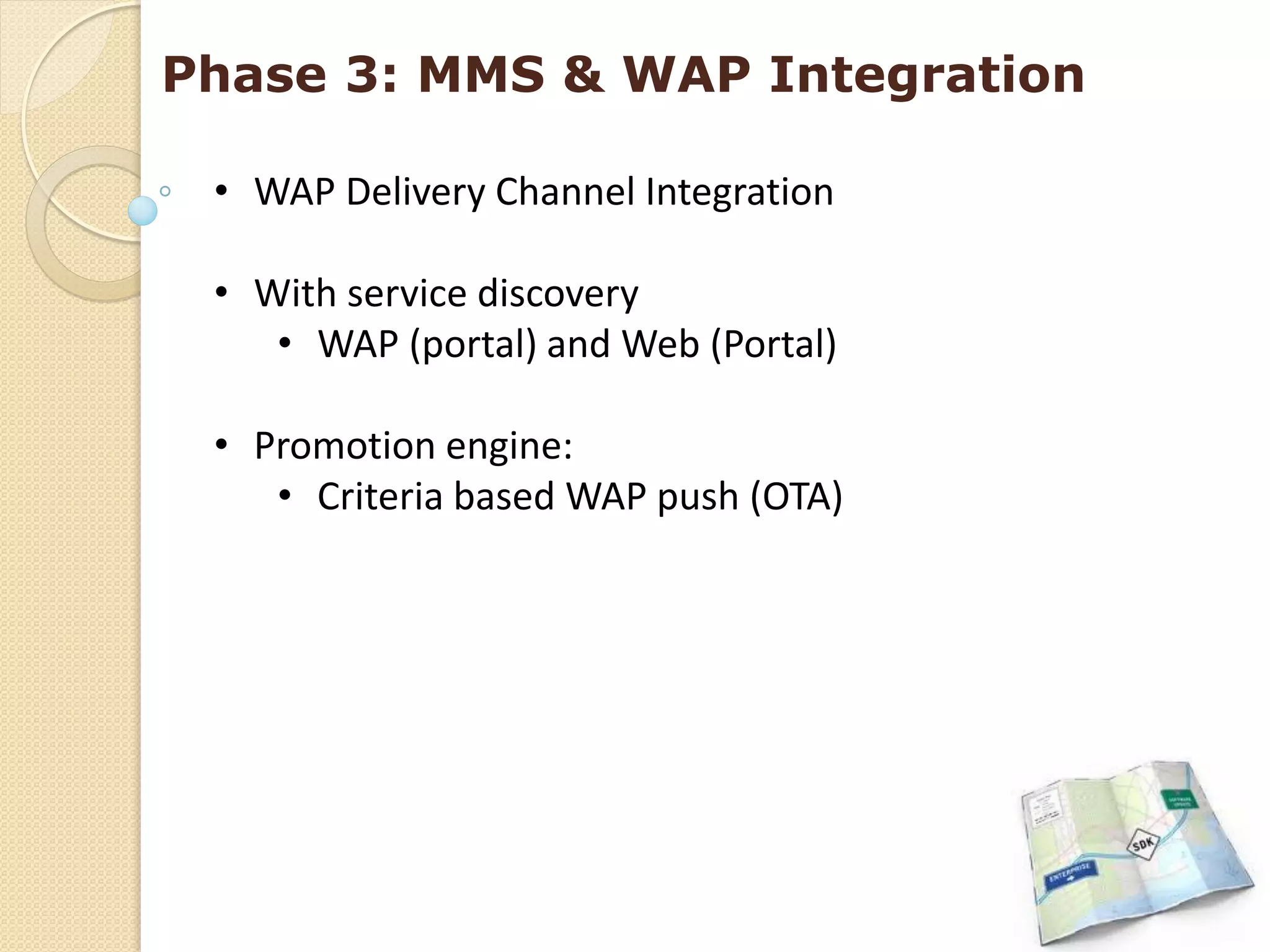 Phase 3: MMS & WAP Integration

 • WAP Delivery Channel Integration

 • With service discovery
    • WAP (portal) and Web (Portal)

 • Promotion engine:
    • Criteria based WAP push (OTA)
 
