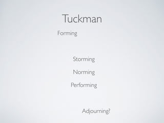 Tuckman
Forming	

!
Storming	

Norming	

Performing	

!
Adjourning?
 