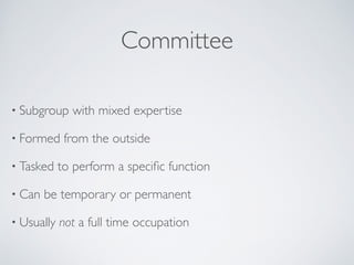 Committee
• Subgroup with mixed expertise	

• Formed from the outside	

• Tasked to perform a speciﬁc function	

• Can be temporary or permanent	

• Usually not a full time occupation
 