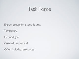 Task Force
• Expert group for a speciﬁc area	

• Temporary	

• Deﬁned goal	

• Created on demand	

• Often includes ressources
 