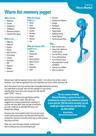 Warm list memory jogger 
However you make the approach to your warm market – be it phone, face-to-face, email or 
Facebook - just make the approach! If you don’t approach your warm market, someone will. 
Don’t think about it too much and don’t get emotionally attached the outcome. 
You might think to yourself: ‘why isn’t this working? I’m just trying to 
help this person earn some more money and make their life 
better.’ STOP – move on. 
Let go of your emotions and expectations and then 
approach your warm market. After all, if you 
suggested an amazing restaurant they should go to 
and they said they didn’t fancy the type of food there 
just now, would you be offended? Of course not! 
Maybe they will later. 
However, how much would it smart if you see your warm 
market with someone else in the Network? And they’ll be 
annoyed too, because most will want to sign up with someone 
they know and trust. 
Make your warm list today and pick up that phone! 
You’ve nothing to lose, but everything to gain. 
21 
Who are my… 
• Relatives 
• Friends 
• Neighbours 
• Colleagues 
• Business Contacts 
• Friends of the above 
Who is my… 
• Milkman 
• Postman 
• Dentist 
• Doctor 
• Mini Cab Firm 
• Accountant 
• Lawyer 
• Decorator 
• MP 
• Optician 
• Builder 
• Dustman 
Who do I know 
who’s a… 
• Nurse 
• Cook 
• Midwife 
• Auditor 
• Plumber 
• Model 
• Butcher 
• Vet 
Who do I know who 
works in a… 
• Bakers 
• Restaurant 
• Bank 
• Nursing Home 
• Sports Centre 
• Florist 
• Wine Bar 
• Café 
• Chemist 
• Employment Agency 
• Garage 
• Publishers 
• Rental Shop 
• Supermarket 
• Building Society 
• Estate Agency 
• Car Accessory Shop 
Who… 
• Was my best man 
• Takes their children to 
nursery school 
• Is in the PTA at school 
• Is my wife/husband 
• Is my (former) boss 
• Are people from my old 
workplace 
• Teaches my children 
• Was my teacher 
Training 
Warm Market 
“The very essence of making 
Network Marketing a success for you is by 
introducing the concept of your business to everyone 
in your warm list. With this kind of recruiting, you will 
usually get a higher conversion rate than using 
any other method.” 
Michael Khatkar 
Sales and Recruitment Director 
 