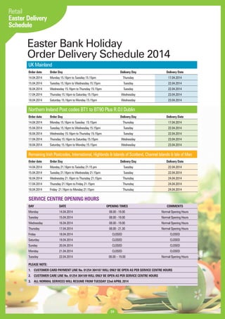 04 
Retail 
Easter Delivery 
Schedule 
Easter Bank Holiday 
Order Delivery Schedule 2014 
UK Mainland 
Order date Order Day Delivery Day Delivery Date 
14.04.2014 Monday 15.16pm to Tuesday 15.15pm Thursday 17.04.2014 
15.04.2014 Tuesday 15.16pm to Wednesday 15.15pm Tuesday 22.04.2014 
16.04.2014 Wednesday 15.16pm to Thursday 15.15pm Tuesday 22.04.2014 
17.04.2014 Thursday 15.16pm to Saturday 15.15pm Wednesday 23.04.2014 
18.04.2014 Saturday 15.16pm to Monday 15.15pm Wednesday 23.04.2014 
Northern Ireland Post codes BT1 to BT90 Plus R.O.I Dublin 
Order date Order Day Delivery Day Delivery Date 
14.04.2014 Monday 15.16pm to Tuesday 15.15pm Thursday 17.04.2014 
15.04.2014 Tuesday 15.16pm to Wednesday 15.15pm Tuesday 22.04.2014 
16.04.2014 Wednesday 15.16pm to Thursday 15.15pm Tuesday 22.04.2014 
17.04.2014 Thursday 15.16pm to Saturday 15.15pm Wednesday 23.04.2014 
18.04.2014 Saturday 15.16pm to Monday 15.15pm Wednesday 23.04.2014 
Remaining Irish Postcodes, International, Highlands & Islands of Scotland, Channel Islands & Isle of Man 
Order date Order Day Delivery Day Delivery Date 
14.04.2014 Monday 21.16pm to Tuesday 21.15 pm Tuesday 22.04.2014 
15.04.2014 Tuesday 21.16pm to Wednesday 21.15pm Tuesday 22.04.2014 
16.04.2014 Wednesday 21.16pm to Thursday 21.15pm Thursday 24.04.2014 
17.04.2014 Thursday 21.16pm to Friday 21.15pm Thursday 24.04.2014 
18.04.2014 Friday 21.16pm to Monday 21.15pm Thursday 24.04.2014 
SERVICE CENTRE OPENING HOURS 
DAY DATE OPENING TIMES COMMENTS 
Monday 14.04.2014 08.00 - 19.00 Normal Opening Hours 
Tuesday 15.04.2014 08.00 - 19.00 Normal Opening Hours 
Wednesday 16.04.2014 08.00 - 19.00 Normal Opening Hours 
Thursday 17.04.2014 08.00 - 21.30 Normal Opening Hours 
Friday 18.04.2014 CLOSED CLOSED 
Saturday 19.04.2014 CLOSED CLOSED 
Sunday 20.04.2014 CLOSED CLOSED 
Monday 21.04.2014 CLOSED CLOSED 
Tuesday 22.04.2014 08.00 – 19.00 Normal Opening Hours 
PLEASE NOTE: 
1. CUSTOMER CARD PAYMENT LINE No. 01254 304187 WILL ONLY BE OPEN AS PER SERVICE CENTRE HOURS 
2. CUSTOMER CARE LINE No. 01254 304189 WILL ONLY BE OPEN AS PER SERVICE CENTRE HOURS 
3. ALL NORMAL SERVICES WILL RESUME FROM TUESDAY 22nd APRIL 2014 
 
