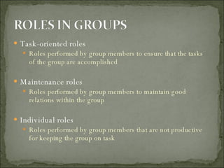 Task-oriented roles Roles performed by group members to ensure that the tasks of the group are accomplished Maintenance roles Roles performed by group members to maintain good relations within the group Individual roles Roles performed by group members that are not productive for keeping the group on task 