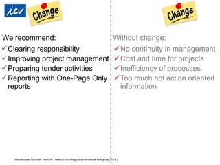 Internationaler Controller Verein eV | www.icv-controlling.com| international work group | 2019 |
We recommend:
Clearing responsibility
Improving project management
Preparing tender activities
Reporting with One-Page Only
reports
No continuity in management
Cost and time for projects
Inefficiency of processes
Too much not action oriented
information
Without change:
 
