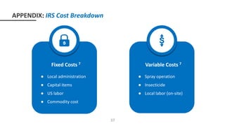 Fixed Costs 7
● Local administration
● Capital items
● US labor
● Commodity cost
Variable Costs
Variable Costs 7
● Spray operation
● Insecticide
● Local labor (on-site)
37
APPENDIX: IRS Cost Breakdown
 