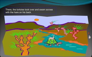 There, the tortoise took over and swam across with the hare on his back.  
