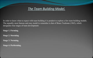 The Team Building Model. In order to know what to expect with team building it is prudent to explore a few team building models. The arguably most famous and easy model to remember is that of Bruce Tuckman (1965), which designates four stages of team development: Stage 1. Forming .  Stage 2. Storming .  Stage 3. Norming .  Stage 4. Performing. 