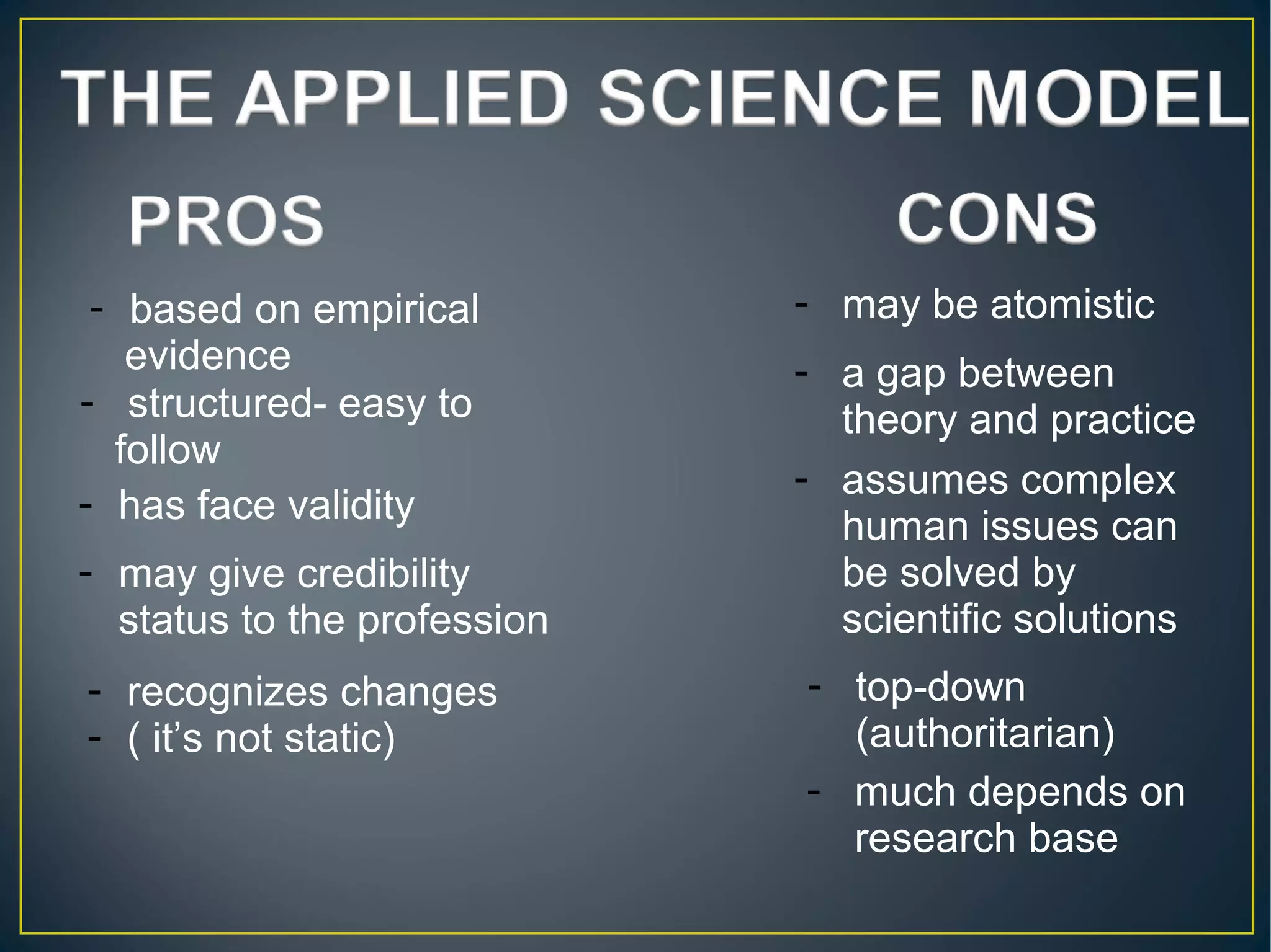 - much depends on
research base
- structured- easy to
follow
- has face validity
- may give credibility
status to the profession
- recognizes changes
- ( it’s not static)
- based on empirical
evidence - a gap between
theory and practice
- may be atomistic
- assumes complex
human issues can
be solved by
scientific solutions
- top-down
(authoritarian)
 