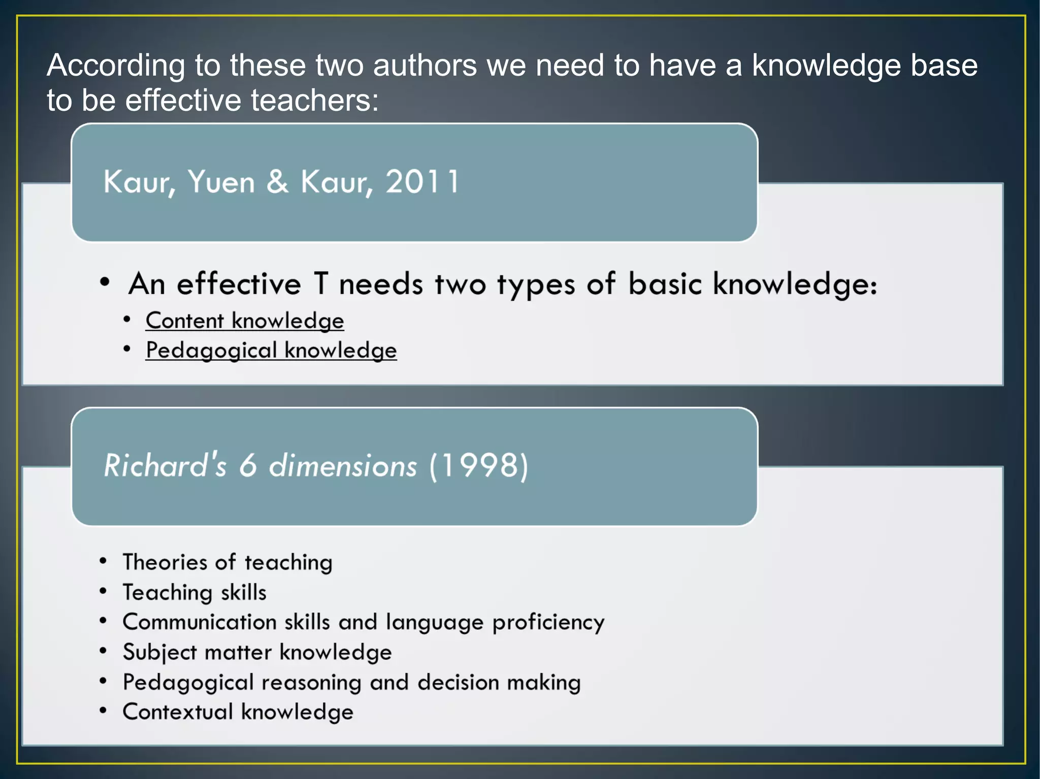 According to these two authors we need to have a knowledge base
to be effective teachers:
 