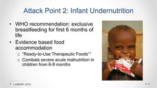Attack Point 2: Infant Undernutrition
• WHO recommendation: exclusive
breastfeeding for first 6 months of
life
• Evidence based food
accommodation
o “Ready-to-Use Therapeutic Foods”1
o Combats severe acute malnutrition in
children from 6-9 months
111 (UNICEF, 2013)
 