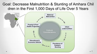 Maternal
Malnutrition
Infant
undernutrition
Prevalence of
Pediatric
Stunting
Educational &
Economic Deficits
Poverty & Poor
Health Prognoses
Cultural
Considerations
Goal: Decrease Malnutrition & Stunting of Amhara Chil
dren in the First 1,000 Days of Life Over 5 Years
2
 