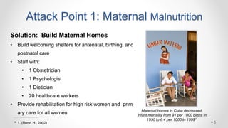 Attack Point 1: Maternal Malnutrition
Solution: Build Maternal Homes
• Build welcoming shelters for antenatal, birthing, and
postnatal care
• Staff with:
• 1 Obstetrician
• 1 Psychologist
• 1 Dietician
• 20 healthcare workers
• Provide rehabilitation for high risk women and prim
ary care for all women
Maternal homes in Cuba decreased
infant mortality from 91 per 1000 births in
1950 to 6.4 per 1000 in 19991
51. (Renz, H., 2002)
 