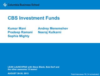 CBS Investment Funds
Kumar Mani Andrey Menemshev
Pradeep Ramani Neeraj Kulkarni
Sophia Mighty
LEAN LAUNCHPAD with Steve Blank, Bob Dorf and
the other awesome 15 teams!
AUGUST 26-30, 2013 Total Interviews 76 (14 scheduled)
 