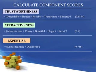 CALCULATE COMPONENT SCORESTRUSTWORTHINESS= (Dependable + Honest + Reliable + Trustworthy + Sincere)/5      (0.6874)ATTRACTIVENESS= (Attractiveness + Classy + Beautiful + Elegant + Sexy)/5            (0.9)EXPERTISE= (Knowledgeable + Qualified)/2                                                    (0.756)