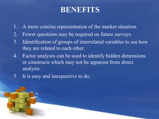  BENEFITS A more concise representation of the market situation.Fewer questions may be required on future surveys.Identification of groups of interrelated variables to see how they are related to each other.Factor analyses can be used to identify hidden dimensions or constructs which may not be apparent from direct analysis.It is easy and inexpensive to do.